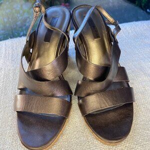 Bandolino brown metallic bronze embroidered cork wedge sandal, S 8